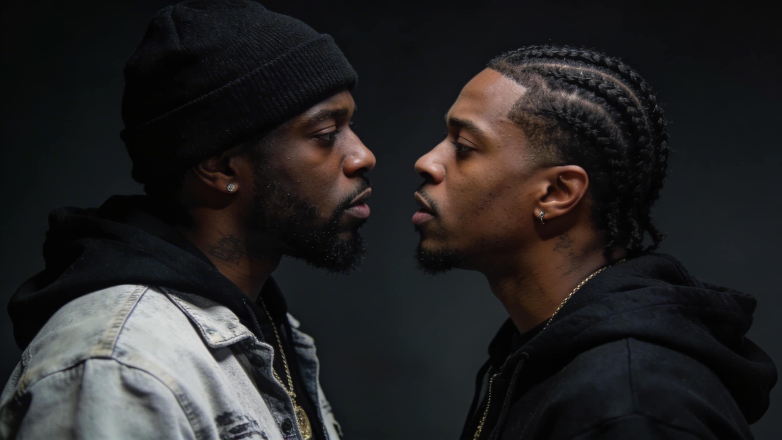 Deux rappeurs face a face en studio sombre