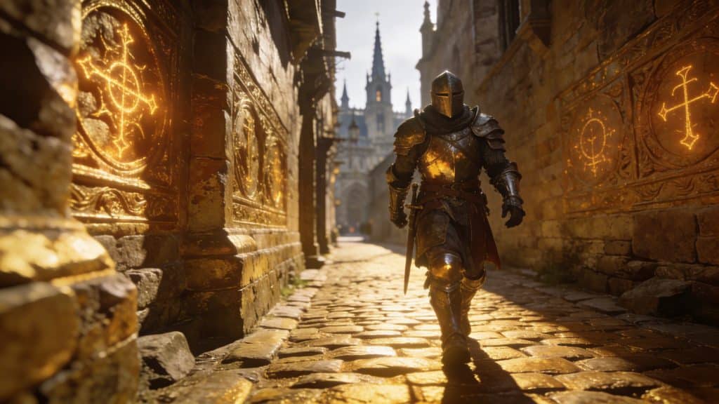 Guerrier en armure traversant ruelles dorees de Leyndell