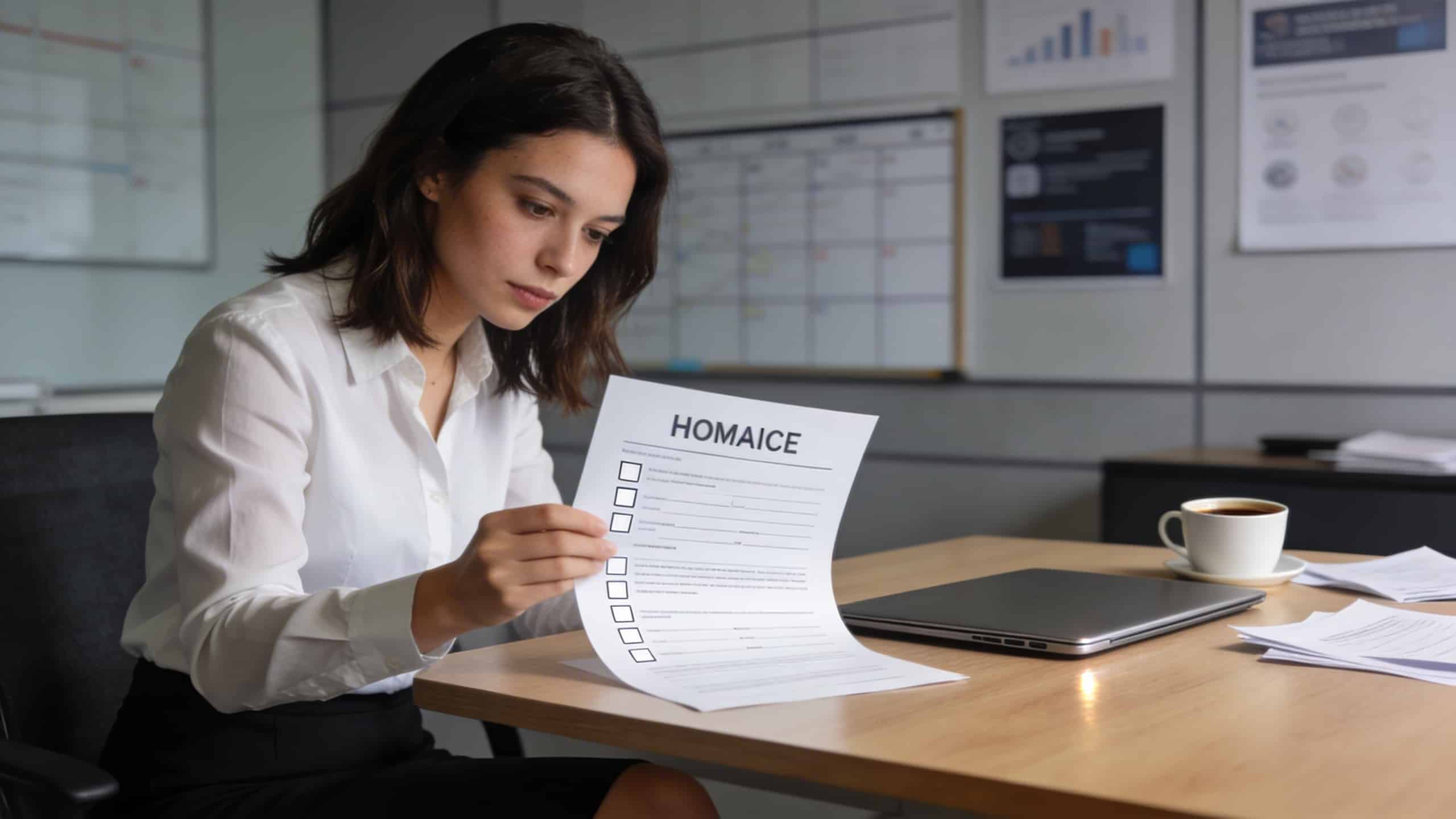 jeune femme assise bureau examinant formulaire chomage