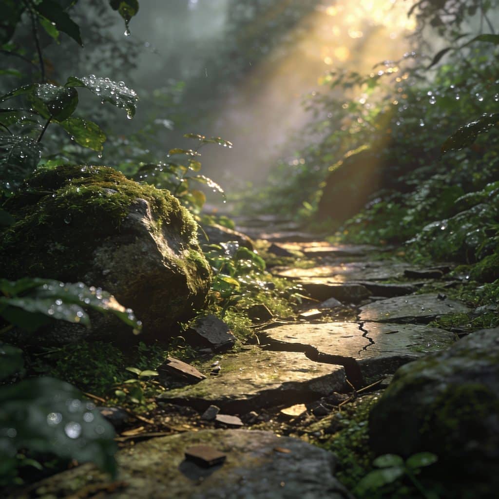 lumiere perce brume sur sentier ruineux denses