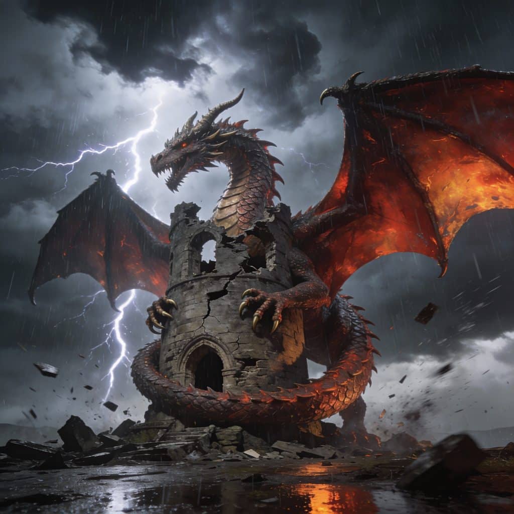 Dragon geant encerclant tour en ruines sous orage