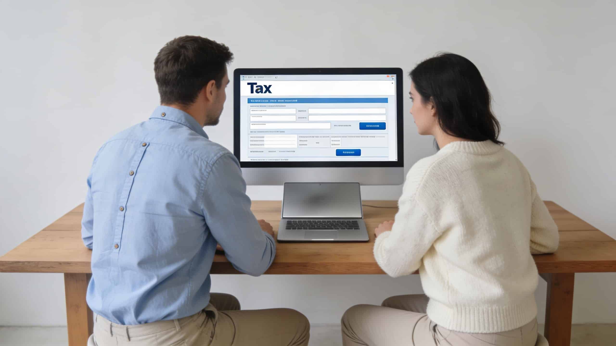 Couple concentré devant ordinateur affichant formulaire impots