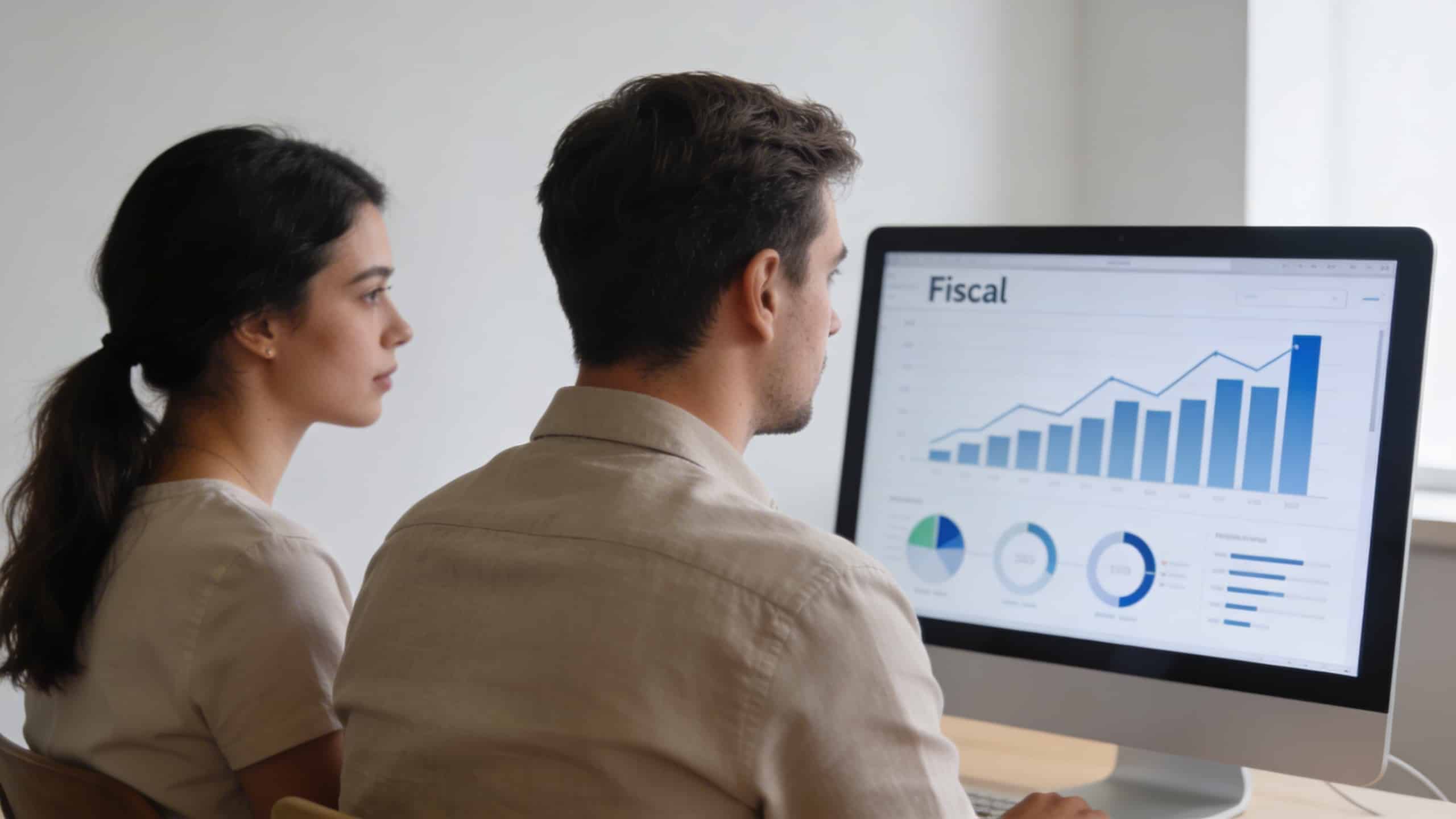 Couple assis devant ordinateur affichant graphique fiscal