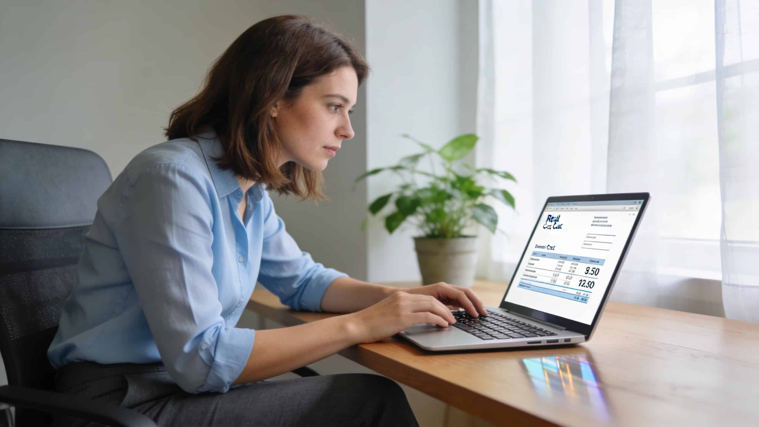 Femme assise calculant frais immobiliers sur ordinateur portable