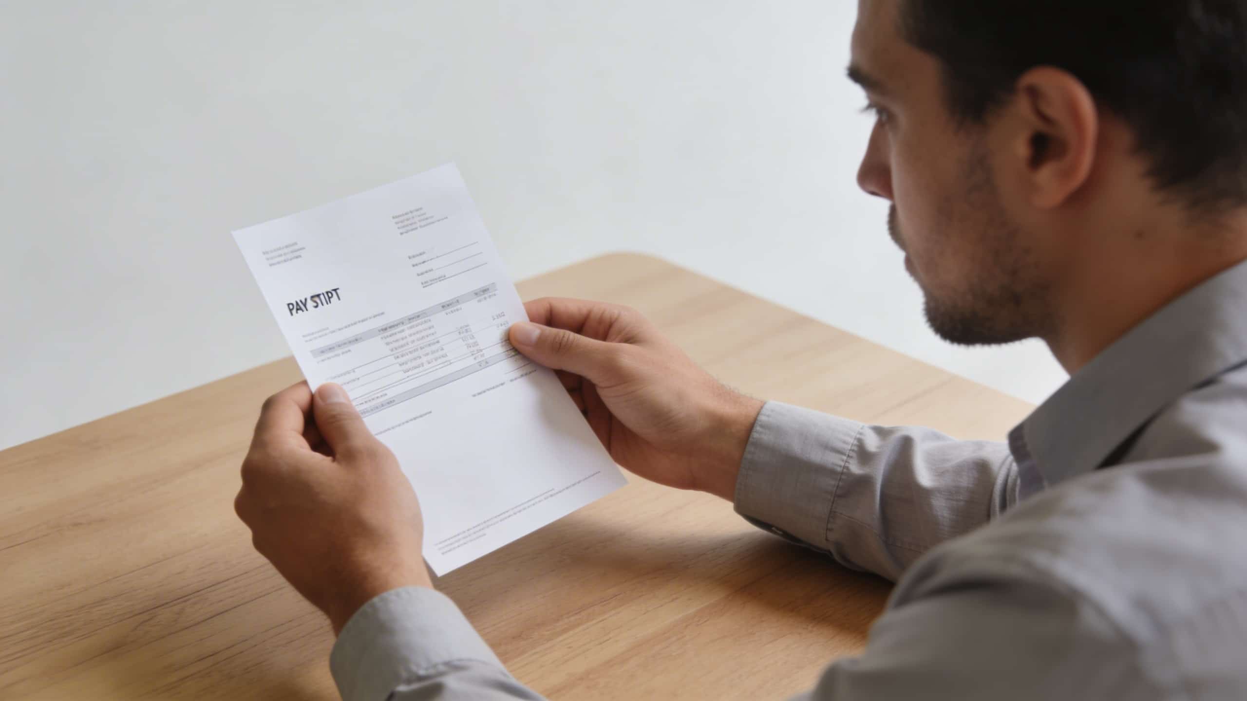 Homme assis a table examinant fiche de paie
