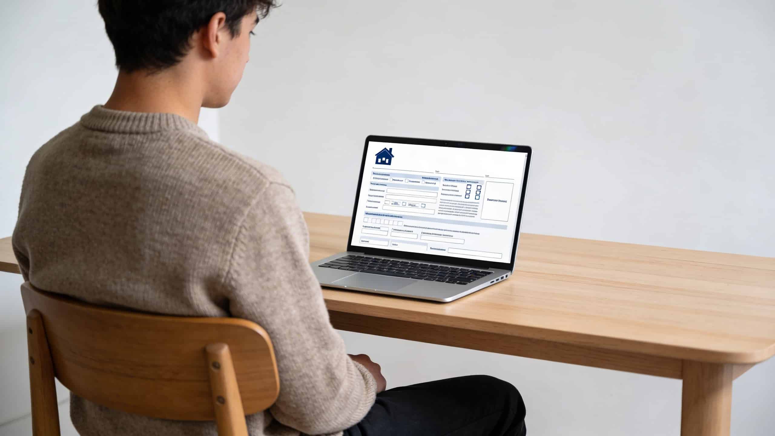 Jeune adulte assis devant ordinateur portable affichant formulaire logement