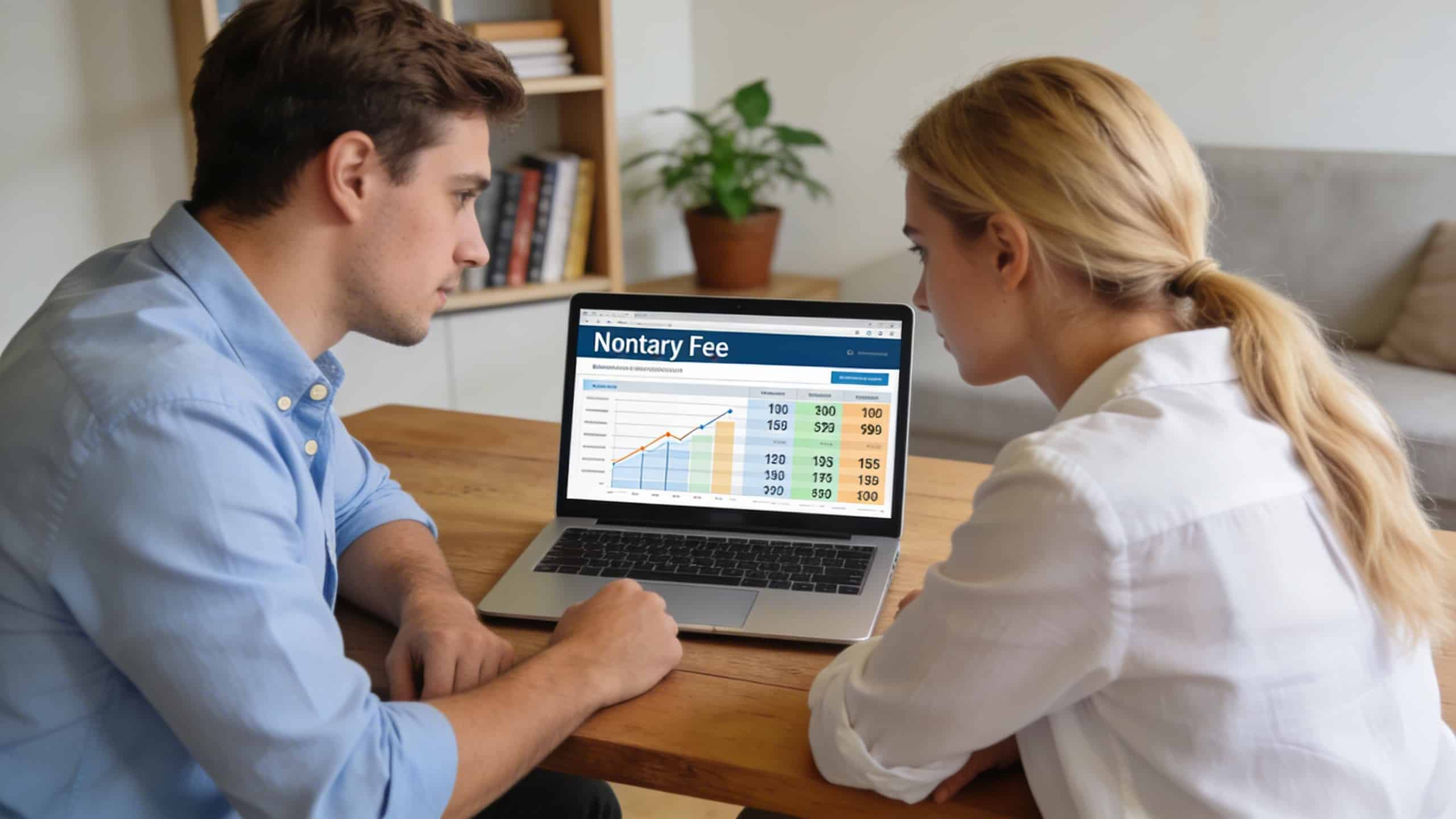 Jeune couple compare frais notaire sur ordinateur portable