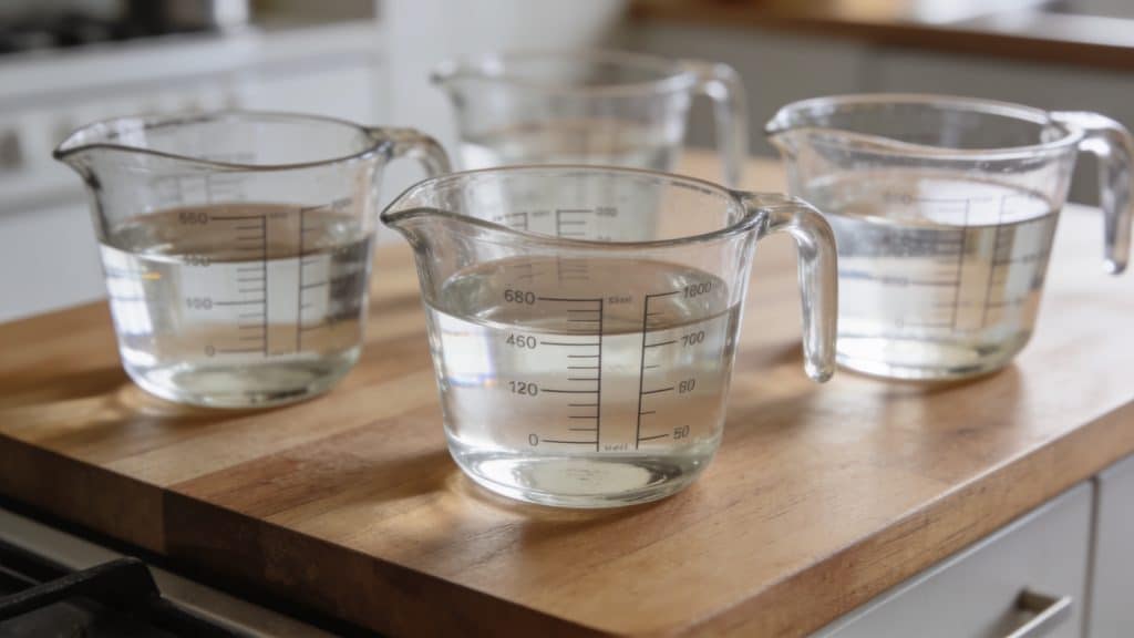 Verres doses remplis de liquide sur plan de cuisine
