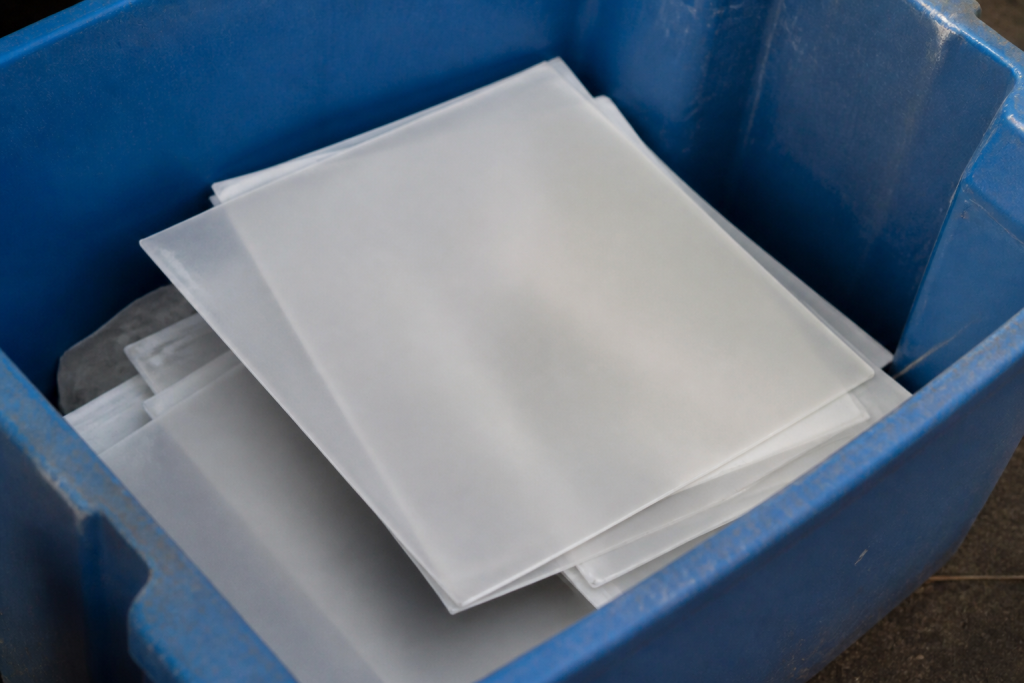 Radiographies negatives blanches empilees dans bac recyclage
