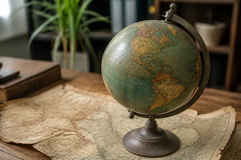 Globe terrestre ancien pose sur une carte jaunie