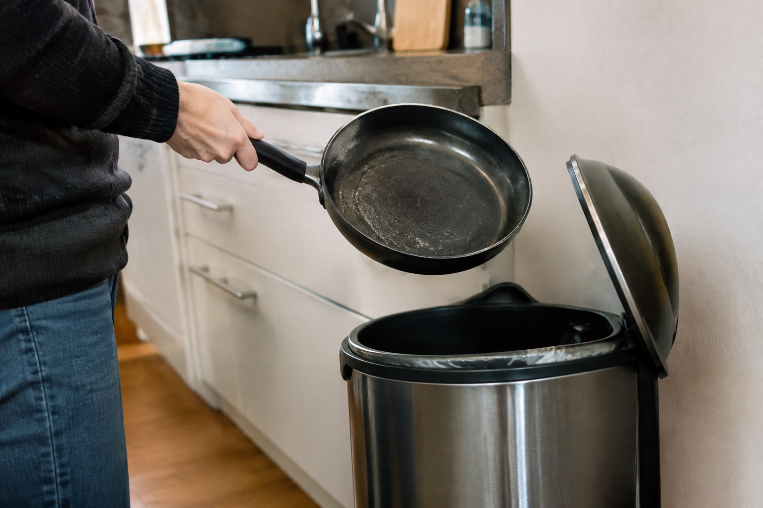 Mains tenant poele au dessus poubelle metal