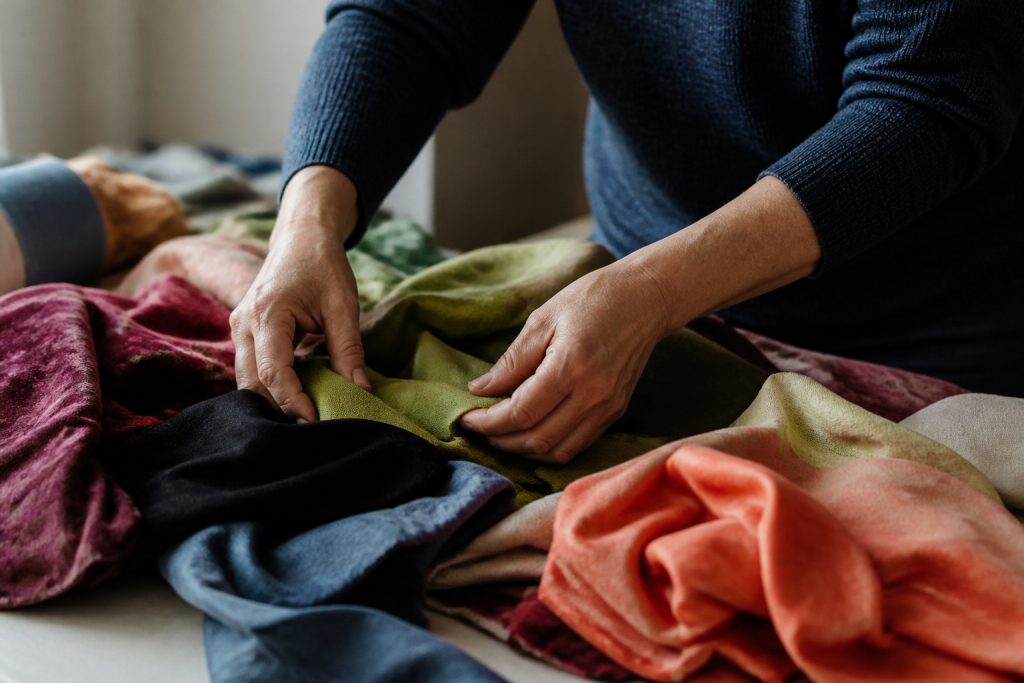 Mains triant des tissus colores sur une table