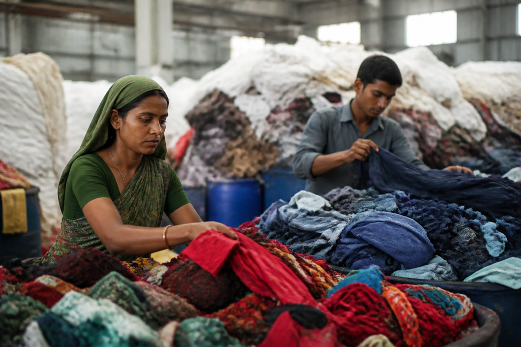 Ouvriers separant des tissus colores dans une usine