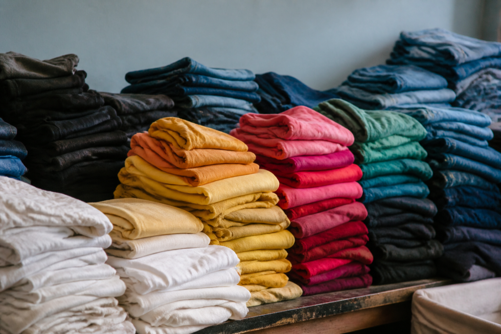 Piles de vetements organises en couleurs pour revente